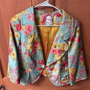 Yoana Baraschi Womens Light Blue Floral Collared Blazer 3/4 Sleeve Size 8